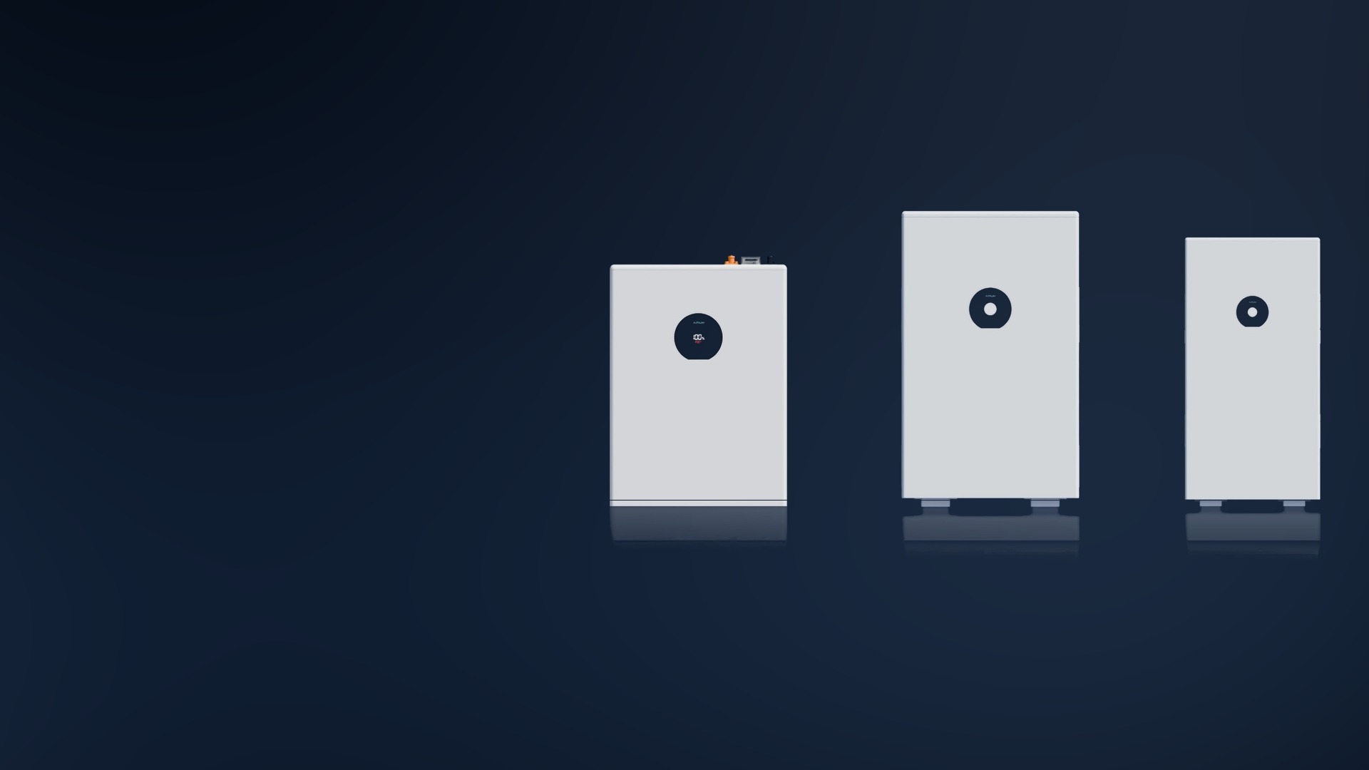 Apium low-voltage home battery towers in a dark gallery space